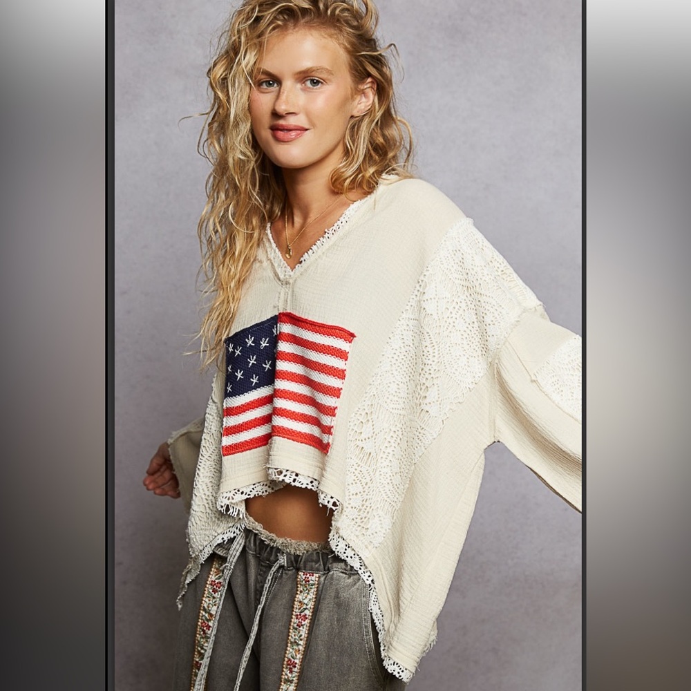 🇺🇸 POL Cream American Flag Crochet Knit Sweater - Picture 2 of 5